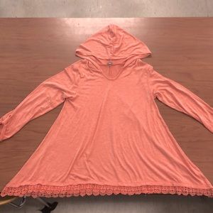 Poof! - Hooded Long-Sleeved Pink Top with Lace - Women’s Large